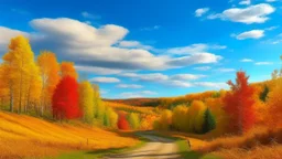 A scenic autumn landscape with a winding dirt road surrounded by vibrant trees in shades of (red, orange, and yellow . The background features rolling hills and a clear blue sky with fluffy white clouds . The overall scene conveys a serene and peaceful atmosphere.