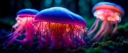 baby bio luminous Rainbow floating JellyFish Fungus, fungal, light floating in a forest, mist, light trails, nighttime,long exposure, Treeline, Alberta, scientist, Dystopian, Hyper detailed, Realistic, Extreme depth of field, bokeh blur, Alberta all-natural, National Geographic, in the style of candid, imperfection, natural lighting, cinematic, Fuji Film, Anamorphic lens, 2040s, --ar 4:5 --w 150 --style raw