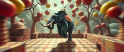 clowns lying when he repeats everything you say, bear ant eater elephant floating in 4 dimensional platform game, goa trance movie poster, stylized art, pin hole photo, motion blur, in the style of Escher