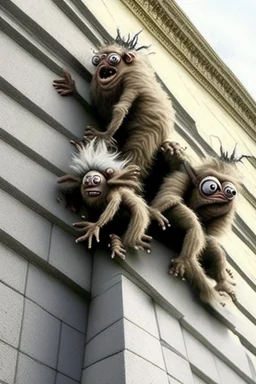 several weird hairy creatures climbing up the capitol building wall