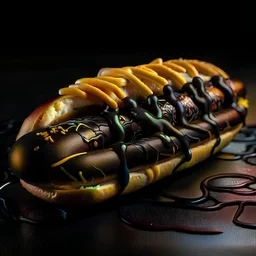 A CYBER GOTHIC BLACK HOT DOG WITH ONLY A LOT OF MAYONNAISE ON TOP