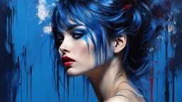 masterpiece, best quality, ultra high res, 1girl, (abstract art:1.4), bleeding blue, blue theme, visually stunning, beautiful, evocative, emotional, side view,