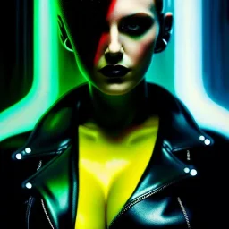 portrait oil on canvas, beautiful punk busty female Cyborg, looking to viewer, sad green eyes, post-apocalyptic in a cyberpunk city,minimal skintight suit, blade runner, comic book cover, mystical colors, neon, insanely detailed,realistic,intrincate detail, 16k resolution, masterpiece, Adam hughes