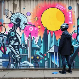 "Depict a Futuristic World Where Machines and Humans Coexist": This prompt encourages artists to imagine and depict a future world where machines and humans have found a way to coexist and collaborate. The goal is to create a visual representation of how technology and artificial intelligence can enhance and improve human life, rather than replace it. Artists can utilize the graffiti wall to showcase their vision of a future where technology and humans work together in harmony. They can play wit