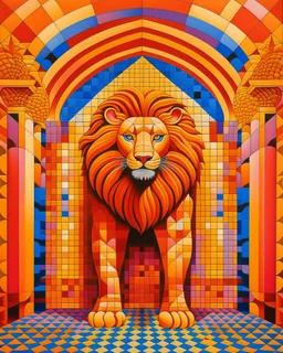 A light rosy orange colored thunder temple with an electrical lion designed in medieval tapestry painted by Victor Vasarely