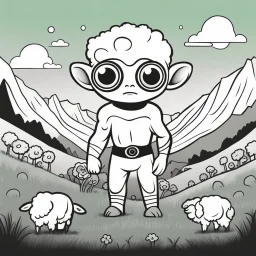 Make black and white cute drawing of a Cyclops with black bold lines. Only outline, no grayscale. A kind and gentle cyclops holding a flower in one hand, with a single large eye that sparkles. Place him in a green valley surrounded by sheep, emphasizing his softer side.
