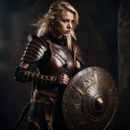 portrait of a 20 year old blonde female warrior wearing leather half armour and carrying a bow, dark fantasy