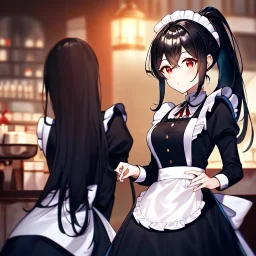 girl, masterpiece, best quality, cinematic lighting, detailed outfit, perfect eyes, black hair, red eyes, long hair, ponytail, in modern world, cafe setting, maid inspired outfit, vibrant colors, warm lighting, soft focus, watercolor textures,