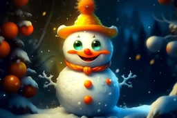 cheerful snowman, consists of juicy tangerines, orange eyes, long white eyelashes, - bright orange carrot instead of a nose, sur, realistic, steampunk, fabulous, with a Christmas tree, smiling, snow, fluffy, filigree, frost, drizzle, snowflakes glow shimmer, crystal ice, microdetalization, snowdrifts, all trees in the snow. moon, starry sky, psychedelic, retro, black carangache, mascara, snowman sitting on a snowy emerald sled!
