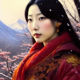 portrait beautiful face japanese Gheisha,window,busty,japanese garden,snow,cherry trees,mountains,ancient leather armor, balanciaga fashion clothe painting by gaston bussiere, greg rutkowski, yoji shinkawa, yoshitaka amano, tsutomu nihei, donato giancola, tim hildebrandt, oil on canvas, cinematic composition, extreme detail,fit full head inside picture,16k