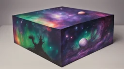 a box 10 cm long by 5 cm wide and 25 cm high, drawn on a box on all sides, space, tress, planets, crow galaxies a lot of colours purple, green and red, very realistic