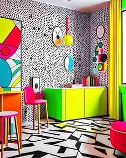 a room, memphis style, scattered, brightly colored shapes and lines, circles and triangles with black-and-white graphic patterns, polka dots and squiggly lines.