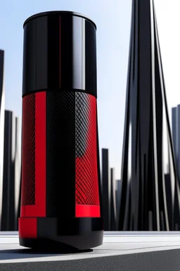 portable speaker, form inspired by merdeka 118 tower , architecture form, geometric design style and black and red color