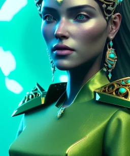 A portrait of a crystalised queen, atmospheric, realistic, unreal engine, cinematic lighting, octane render, transoarent, green turquoise light