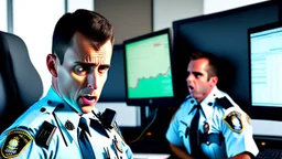 confused male cop dispatcher deals with evil virus in the phone