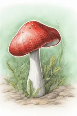 coloured outline pencil sketch of a red mushroom