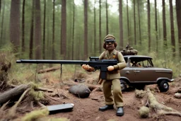 [1960’s stop-motion animation style in woods] a 70s rifle gun advertisement video TV featuring a crazy artist with black goggles brown curly hair and a grayish beard in combat fatigue holding a hunting rifle in front of his international scout automobile as a claymation character toy from a claymation horror movie in burning rainbow land, from hell, creepy Videos, eyeballs and trees everywhere , as old advertisement shot on video VHS