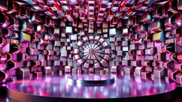 a stage structure made of mandelbulb 3d fractal made of metallic random color miror surface cubes , pertty artistc background