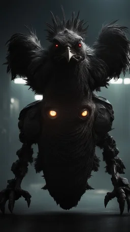 chicken monster robot with eerie lighting and a haunting atmosphere , photo / ultra realistic cinematic