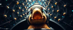 weird perspective close up portrait of dj platypus duck pilot looking down on cam, with background in the style of escher and giger, a chill contrapunctus fugue in the style of fsol, beethoven, goa trance breaks, dancefloor drum and bass,