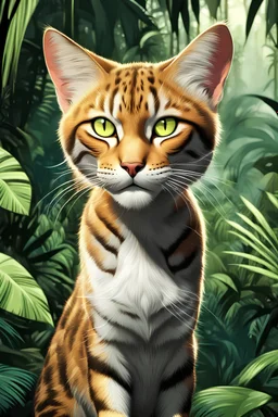 An animation of a beautiful jungle cat, she's a model, front view, comic style