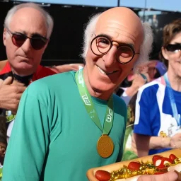 Larry David wins gold metal at the Olympic hot dog contest