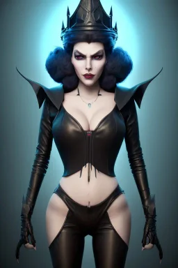 Lene Nystrøm as evil queen in black leather, busty, cleavage, voluptuous, Aqua Lene, angry, stern look. character design by cory loftis, fenghua zhong, ryohei hase, ismail inceoglu and ruan jia. unreal engine 5, artistic lighting, highly detailed, photorealistic, fantasy