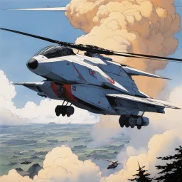 [art by Michael William Kaluta] the helicopter version of the Macross iconic VF-1S Valkyrie in live-action, launching smart bombs with tracing smoke while flying