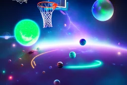 Aliens Playing Basketball In Outer Space On A Floating Comet, neon, neon lighting, cyberpunk, hyper detailed, hyper realistic,