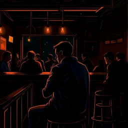 a single figure in a crowded bar at night, dark colors