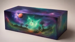 a box 10 cm long by 5 cm wide and 25 cm high, drawn on a box on all sides, space, tress, planets, butterfly nebula, crow, purple, green and red, portal too others galaxy, realistic