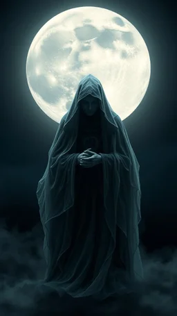 In a mesmerizing and ethereal manner, an otherworldly being emerges in the form of a translucent grey hood statue flowing smoky black robes. Forward facing full moon in the background