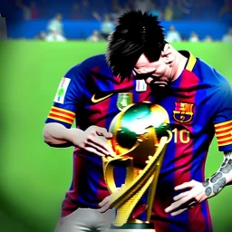 lionel messi crying and swallowing the world cup trophy, unreal engine 5.1, ultra high resolution, photorealistic, ultra high detail, octane render, creepy