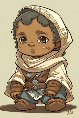 an anime style drawing of a blasian baby boy. hes wearing medieval baby clothing