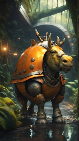 magazine cover, metallic yellow orange donkey turtle chivalry knight with friendly cute face and hair locks in dark lit reflective wet jungle metallic hall dome hotel tunnel, in the style of fallout 4 game,bokeh like f/0.8, tilt-shift lens 8k, high detail, smooth render, down-light, unreal engine, prize winning