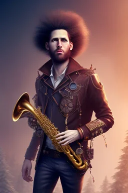 steampunk , saxophone player, caucasian man, big hair, post-apocalytic setting, volumetric lighting, particals, intricate detail,realistc, close up