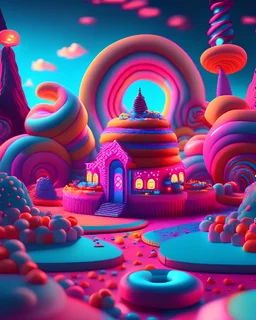 empty foreground, the background is a Candyland, a city made of neon gumdrops and rainbow , constructed from surreal-looking donuts, hyperreal cakes, and crumbs, DOF, it stands like a beacon on a hill, digital illustration with color pops of pinks and reds and blues , bubblegum horror, Unreal Engine 5,trending on Artstation