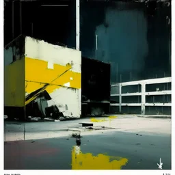 Minimal contemporary abstract oil paintings of desolate 1960s carpark with road markings and concrete fragments. Overlay with grungy typography graphics. style of Justin Mortimer and Francis Bacon.