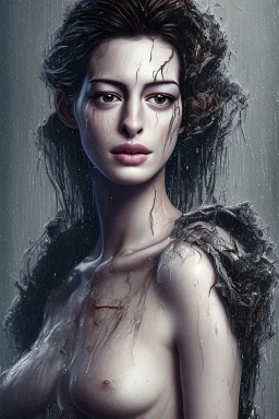 an abstract painting of rusted wood, Anne Hathaway, big black hair,wet face, Viking style, 8K, a Highly detailed stunning full frame portrait, wide-angle view, a