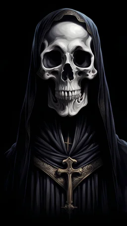 Portrait of Death in saint mantle on black background in realistic style