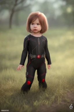 Black widow toddler, serious, full body, bokeh, hyper realistic