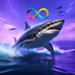 infinity symbol ∞ with vibrant powerful shark jumping out of the sea, striking, chiaroscuro, dramatic, captivating, powerful, fantasy, beautiful, octane render, 16k post-production, artstation: award-winning: atmospheric: commanding: fantastical: clarity: ultra quality: striking: brilliance: stunning colors: amazing depth; lens: f/11, 35mm