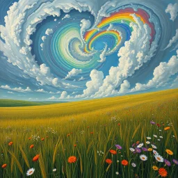 A collaboration between Salvador Dali, Vincent Van Gogh, and Jean Baptiste Monge. Swirling rainbow storm clouds over a vast field of long grass and plentiful flowers swaying in the winds. Modifiers: highly detailed elegant extremely detailed fantasy intricate high detail fantastic view close up ultra detailed