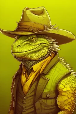 a large yellow bearded dragon lizardfolk cowboy bounty hunter in rango style
