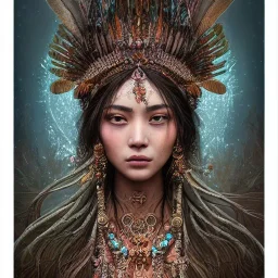 Insanely detailed photograph of an “portrait of gorgeous native goddess” with intricate hair, intricate embroidered dress, beautiful clear face and hyperdetailed painting by Ismail Inceoglu Huang Guangjian and Dan Witz CGSociety ZBrush Central fantasy art album cover art,8K, hdr, romantic, mysterious, ominous, snowflakes, jewelry, comfort, natural eyes, symmetry!!