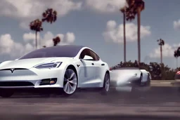 A Tesla 'Model S' is drifting at high speeds, in the 'Kennedy Space Center' in Florida. (CINEMATIC, WIDE ANGLE LENS, PHOTO REAL)