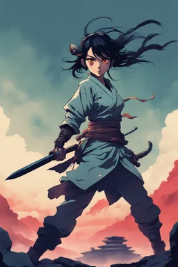 Original anime Japanese female kungfu warrior main character . Studio ghibli style mixed with Frank Frazetta. Mobius style background. Iconic character design. Dynamic silhouette . Unique features. Make the eyes the focal point. Dystopian sci-fi . Stone cold killer. Brilliant use of color theory and cinematic lighting.