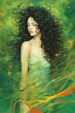 abstract creation of a beautiful girl with black curly hair, surrounded by green forest, wrapped in tree routes, wind blowing, summer and bright colours, chaos,