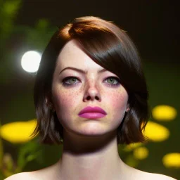 Emma Stone no underwear with yellow flowers for hair, closed eyes, rtx, reflection, 8k, glow, winning photography, caustics