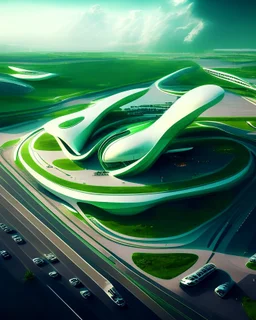 Aeropuerto futurista arquitectura estilo Zaha Hadid 8k gente zonas verdes parqueaderos vista aerea